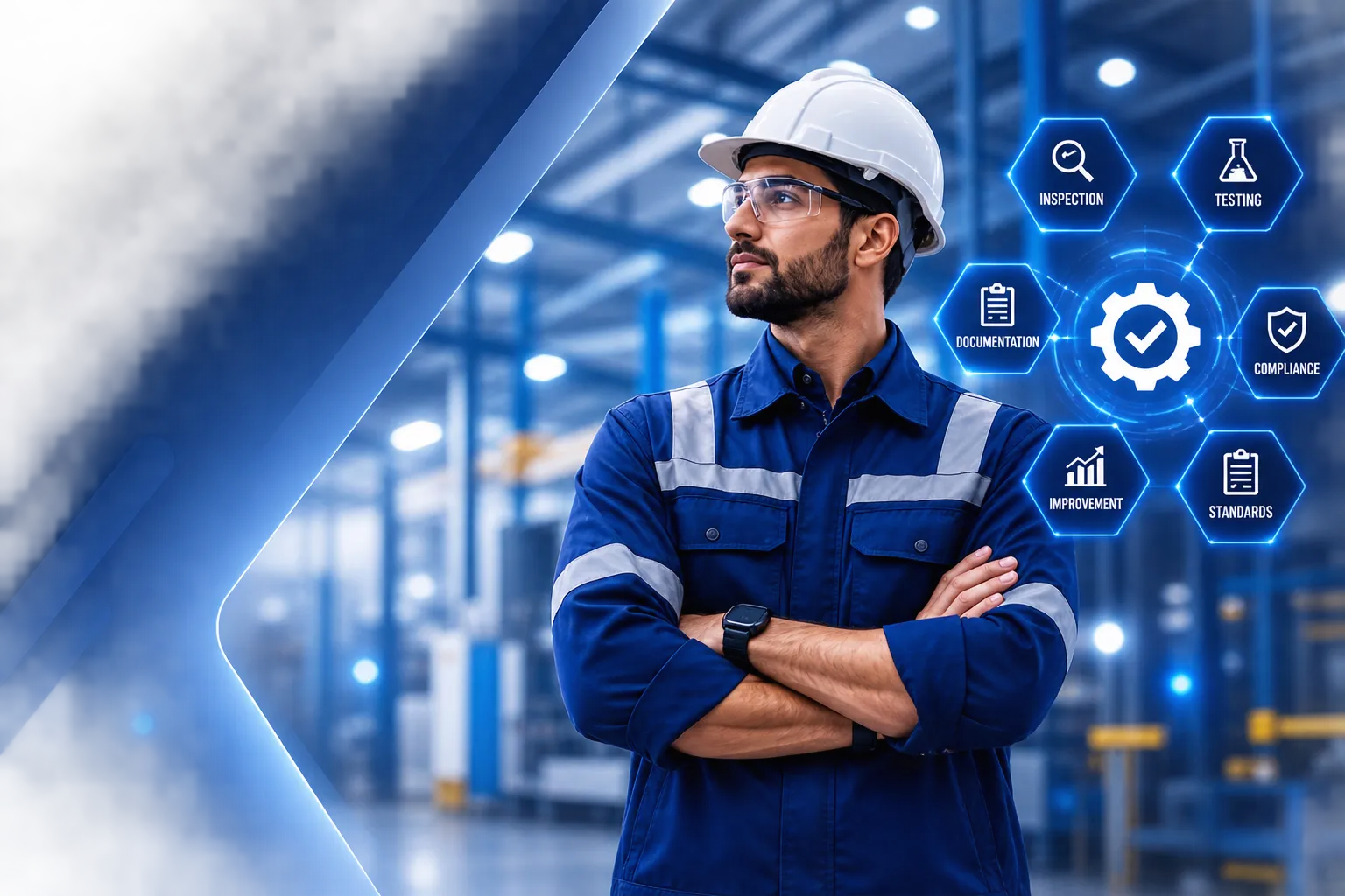 Quality control engineer in an industrial facility, surrounded by quality control process icons