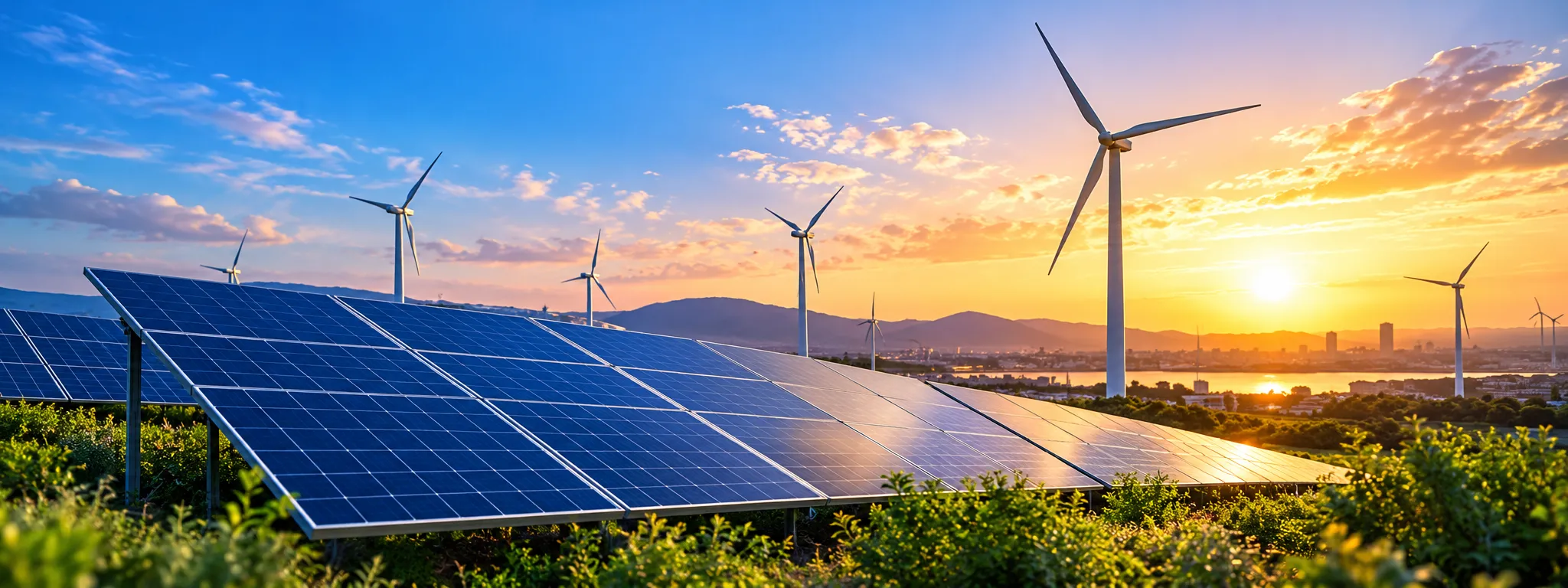 Renewable energy infrastructure featuring solar panels and wind turbines at sunrise